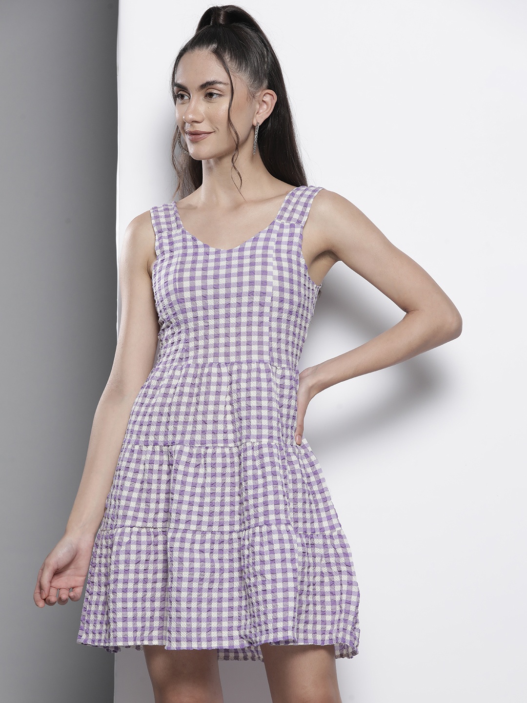 

Trendyol Purple & White Checked Tiered A-Line Dress