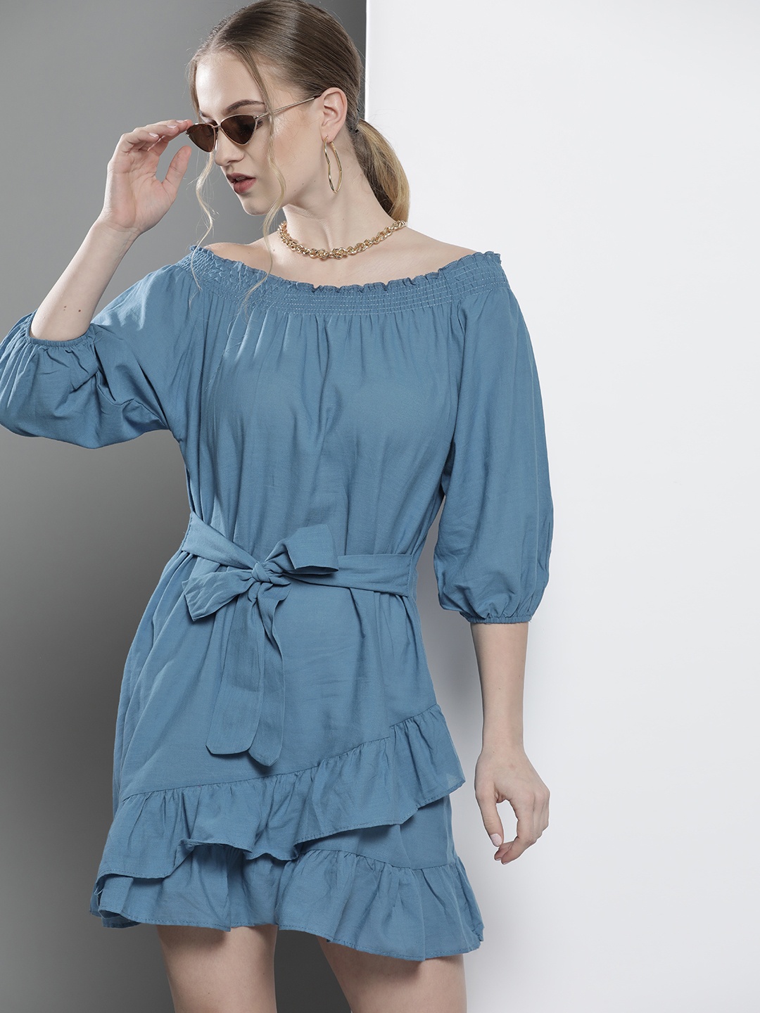 

Trendyol Women Blue Solid Pure Cotton Off-Shoulder A-Line Dress