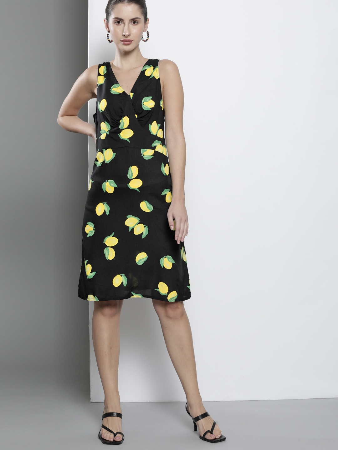 

Trendyol Women Black & Yellow Printed A-Line Dress