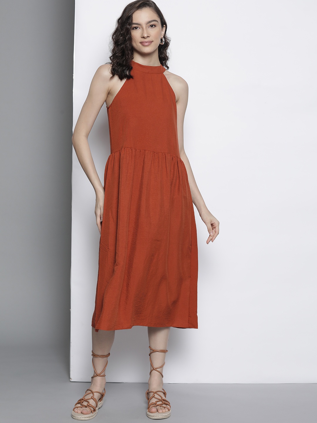 

Trendyol Rust Orange Solid Tie-Up Neck A-Line Midi Dress