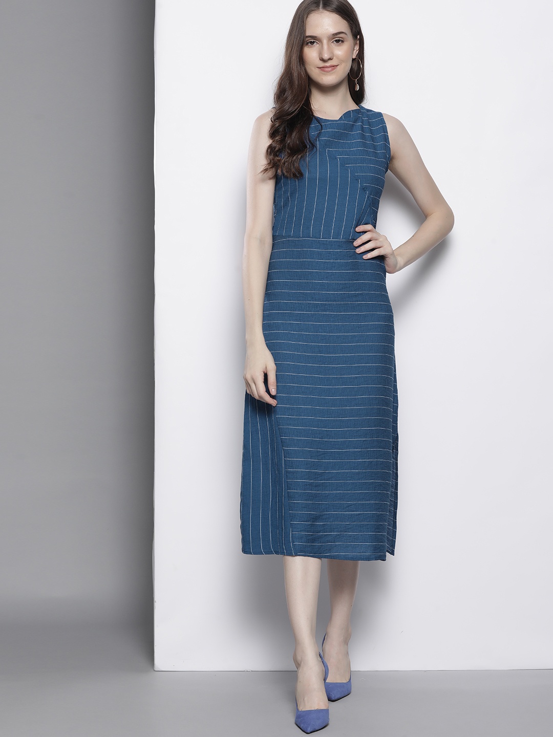 

Trendyol Navy Blue Striped Shift Midi Dress
