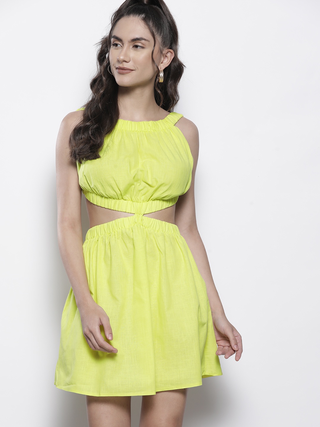 

Trendyol Fluorescent Green Solid Pure Cotton Cut-Out Backless Fit & Flare Dress