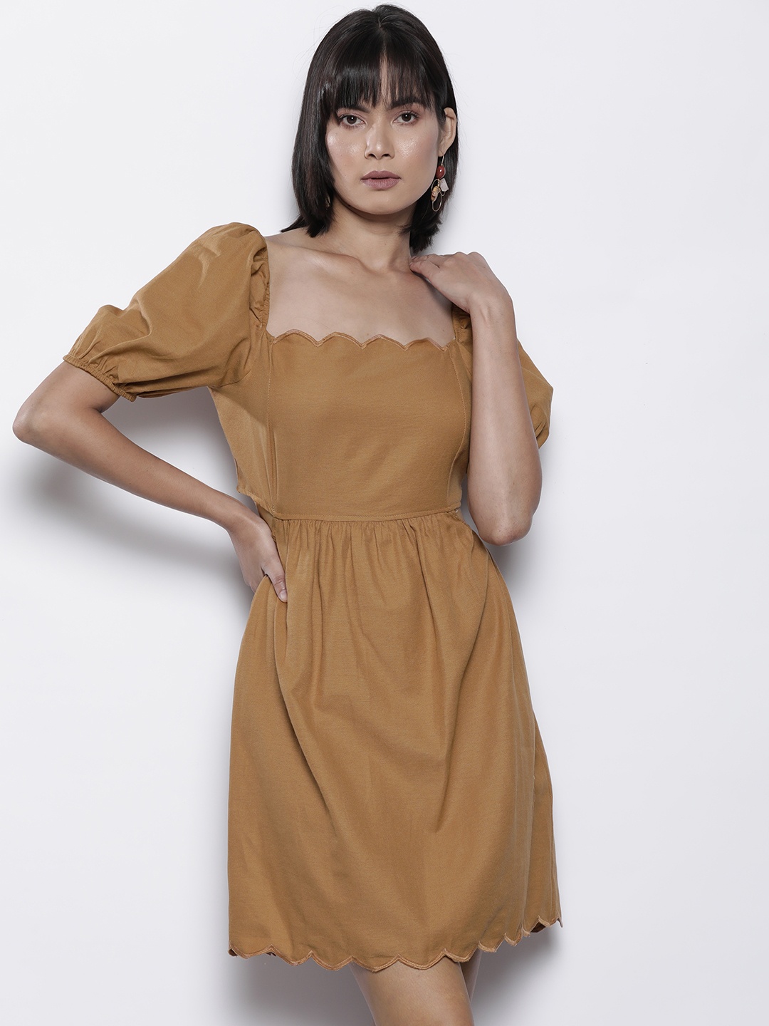

Trendyol Women Brown Pure Cotton Solid A-Line Dress