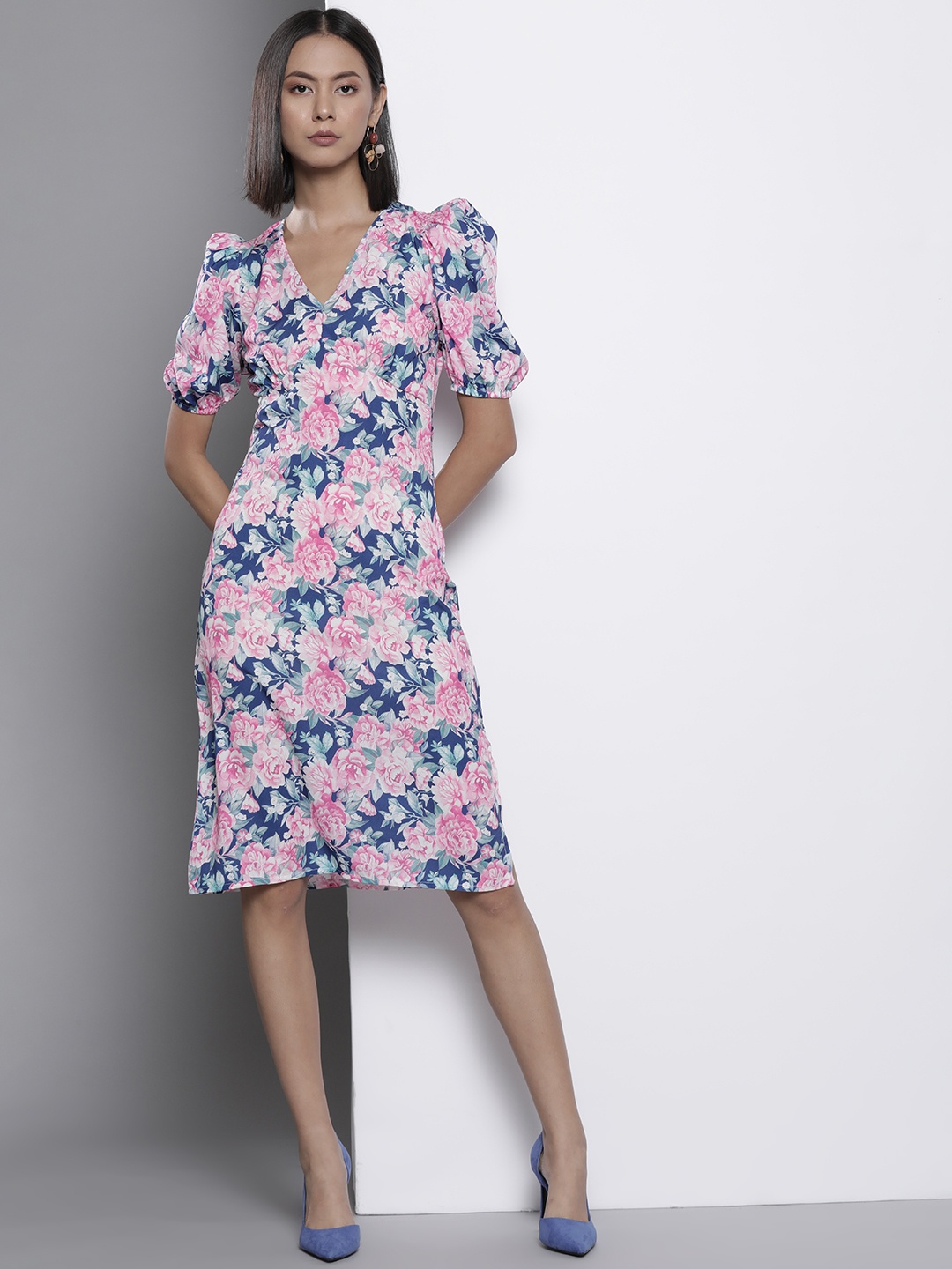 

Trendyol Pink & Blue Floral A-Line Dress