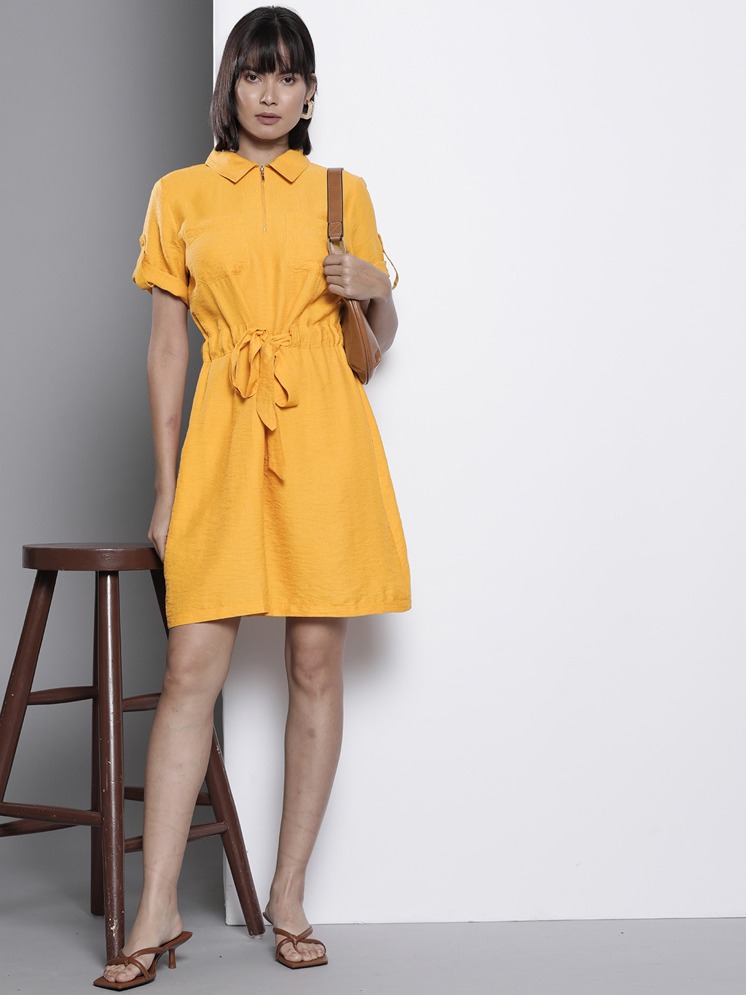 

Trendyol Mustard Yellow Solid Belted Shirt Dress