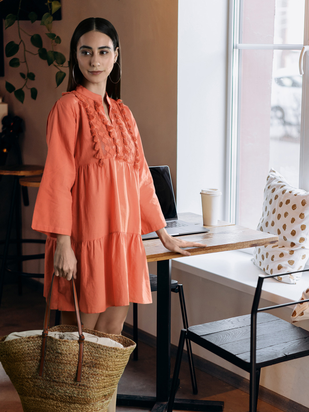 

Trendyol Rust Orange Pure Cotton Lace Yoke Tiered A-Line Dress