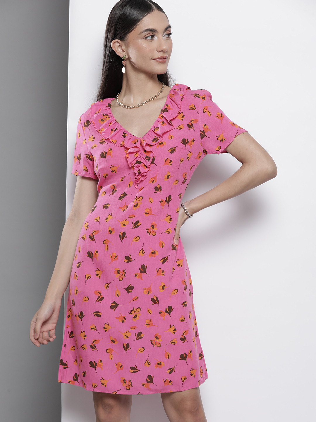 

Trendyol Women Pink & Mustard Yellow Floral A-Line Dress