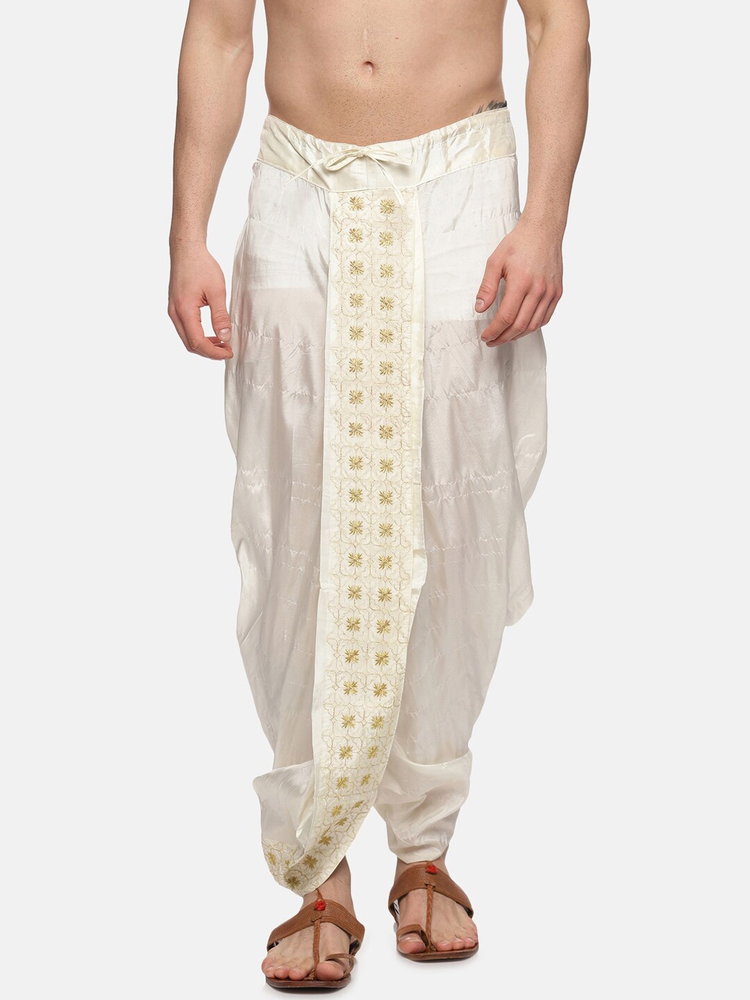 

Sethukrishna Men Cream Embroidered Viscose Rayon Dhotis