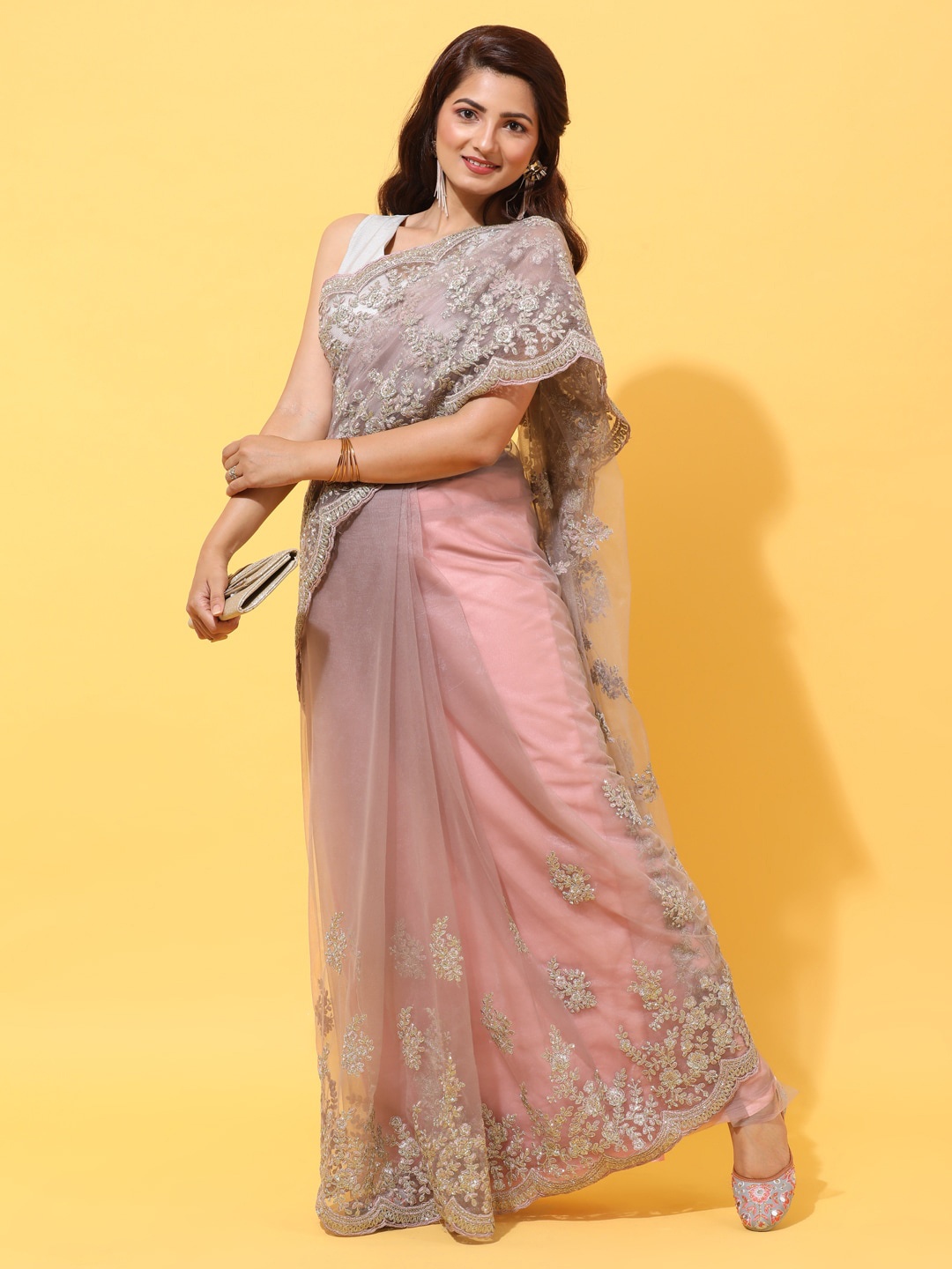 kasee Lavender Floral Sequinned Net Heavy Work Saree