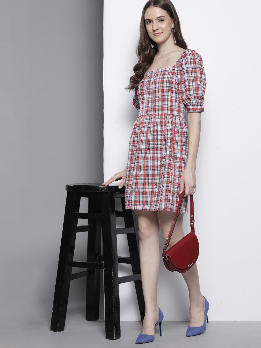 

Trendyol Women Red & White Checked A-Line Dress