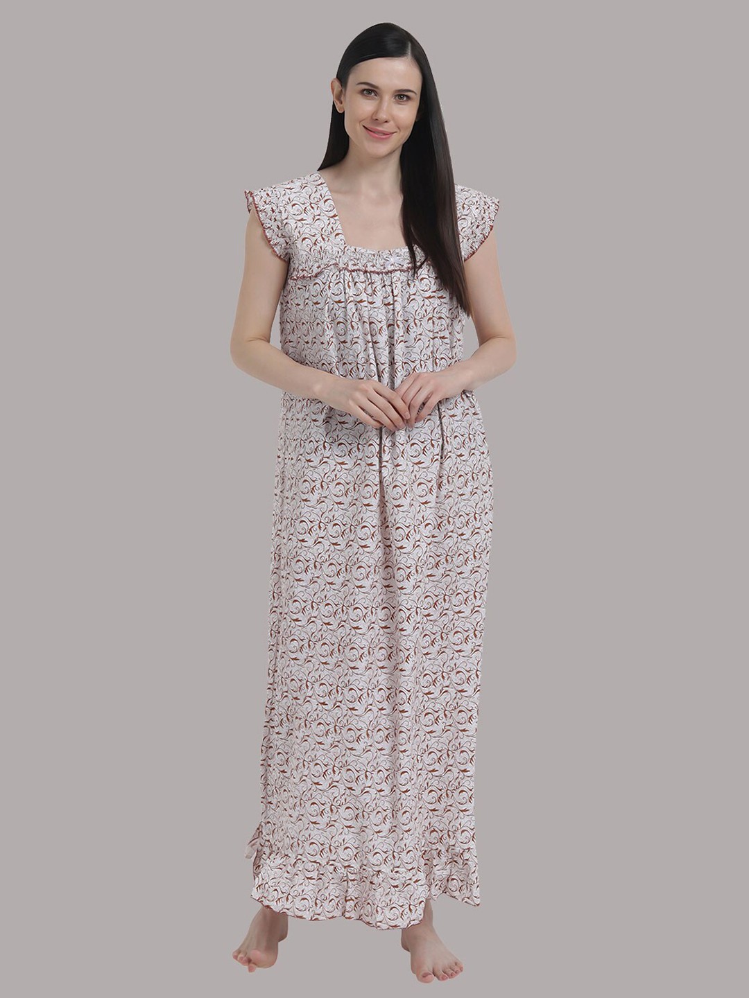 

Shararat Women Brown Printed Pure Cotton Maxi Nightdress