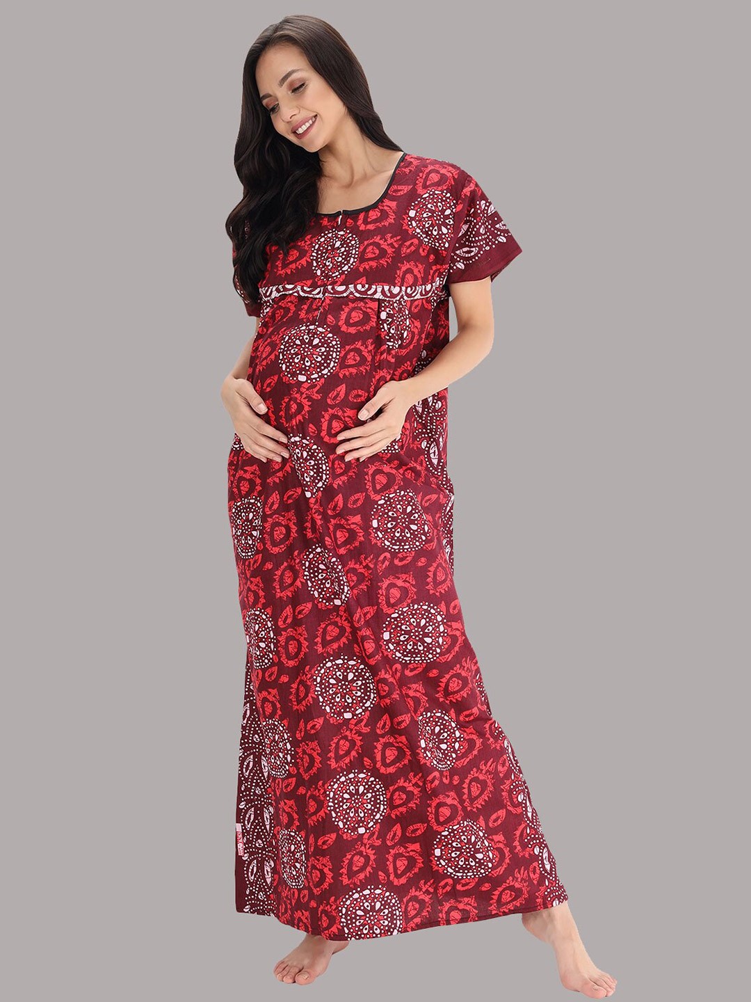 

Shararat Women Red Printed Maxi Nightdress With Zipper