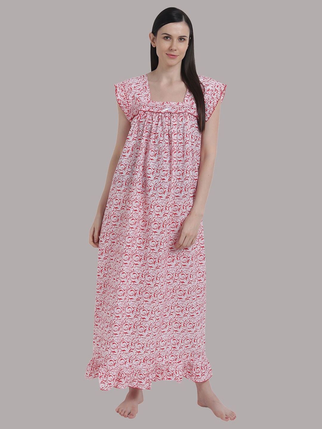 

Shararat Women Red & White Printed Maxi Nightdress