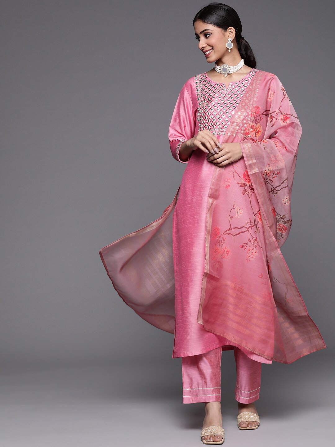 

Varanga Women Pink Ethnic Motifs Printed Mirror Work Kurta with Trousers & With Dupatta
