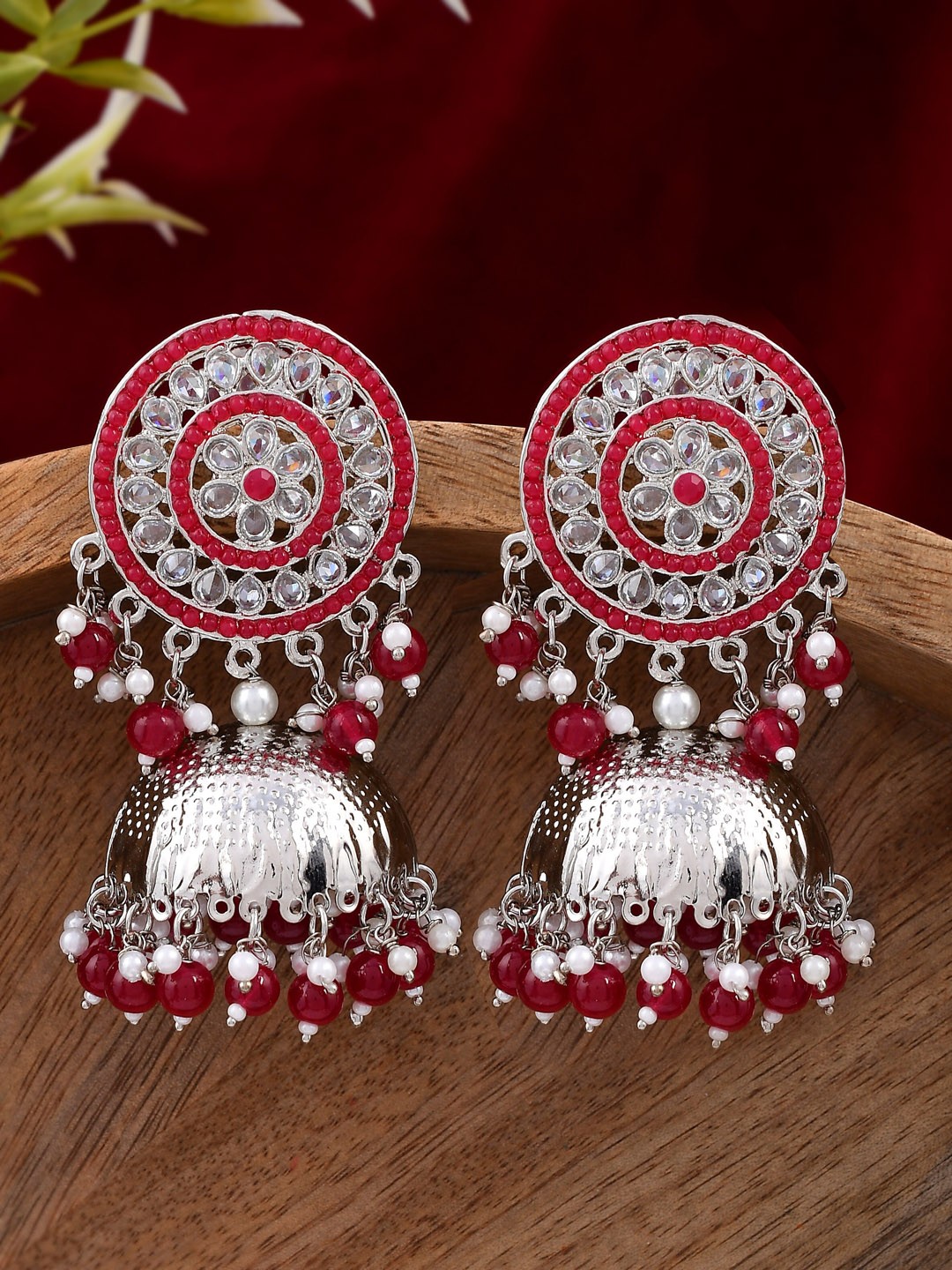 

AQUASTREET JEWELS Women Red Silver Plated Circular Jhumkas Oxidised Earrings