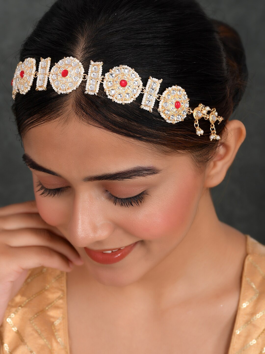 

AQUASTREET JEWELS Gold-Plated Red Kundan Studded Matha Patti