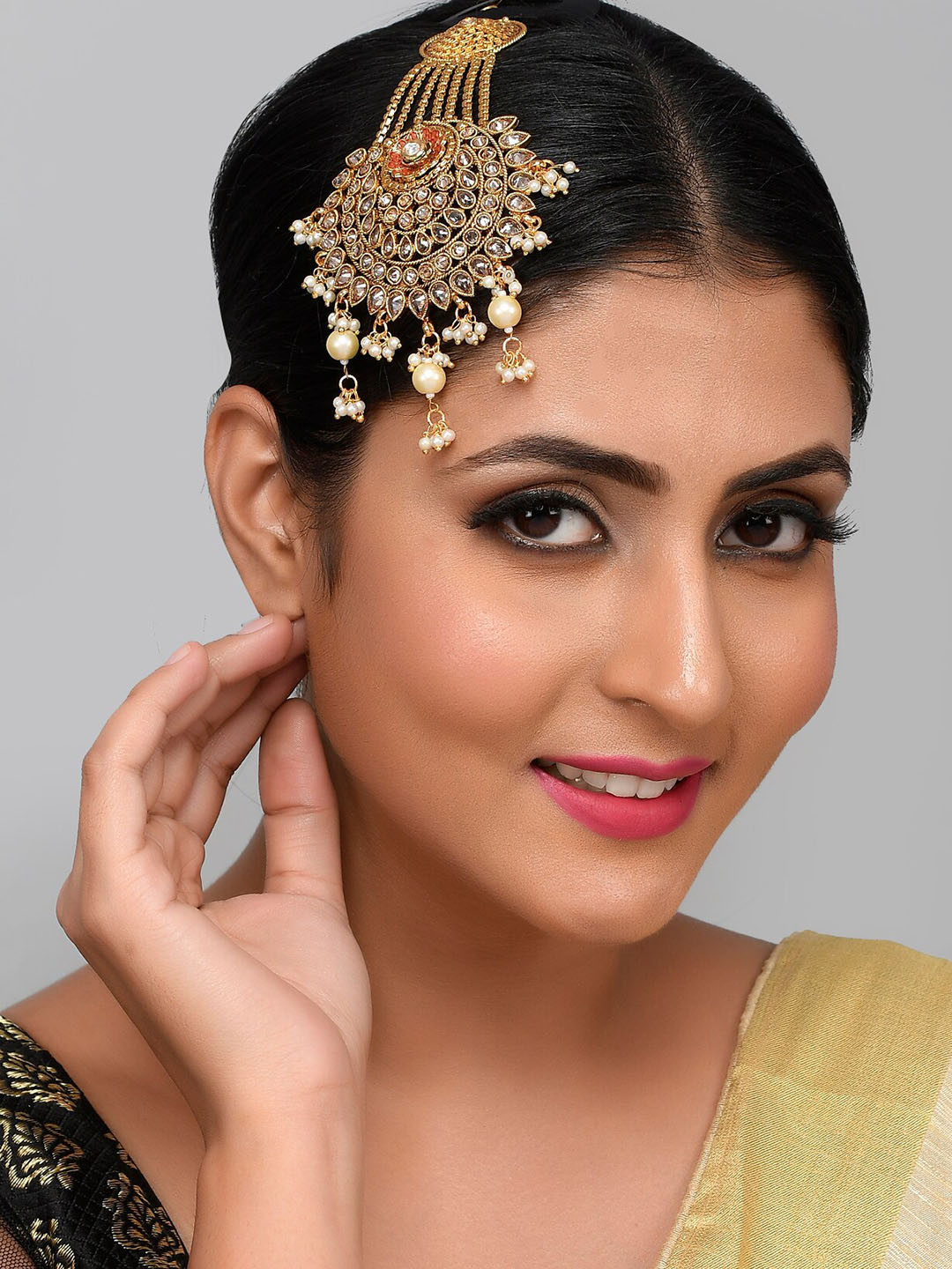

AQUASTREET JEWELS White Gold-Plated AD Studded & Pearl Beaded Jhumar Passa