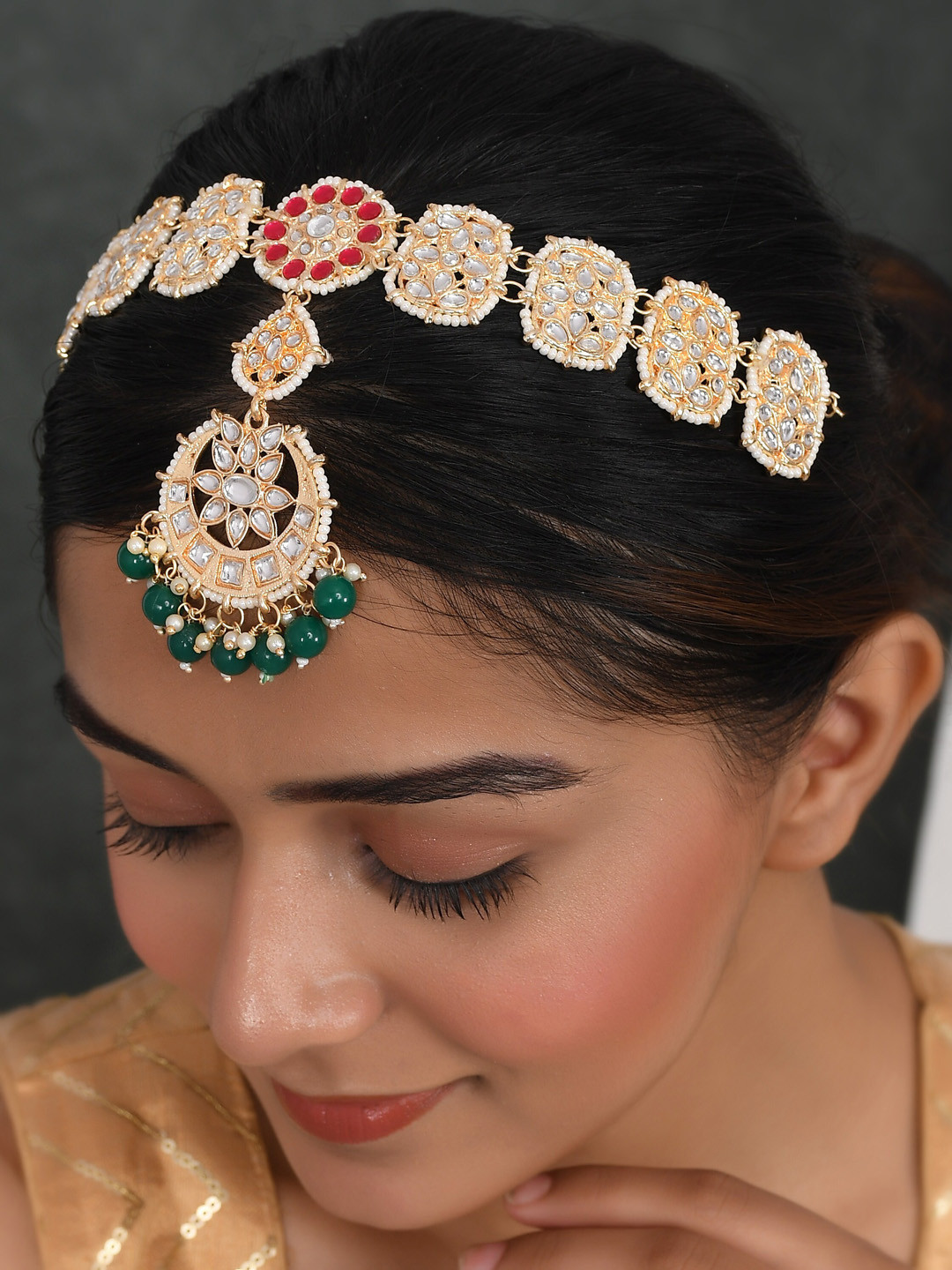 

AQUASTREET JEWELS Gold-Plated Red & Green Kundan Studded Mathapatti