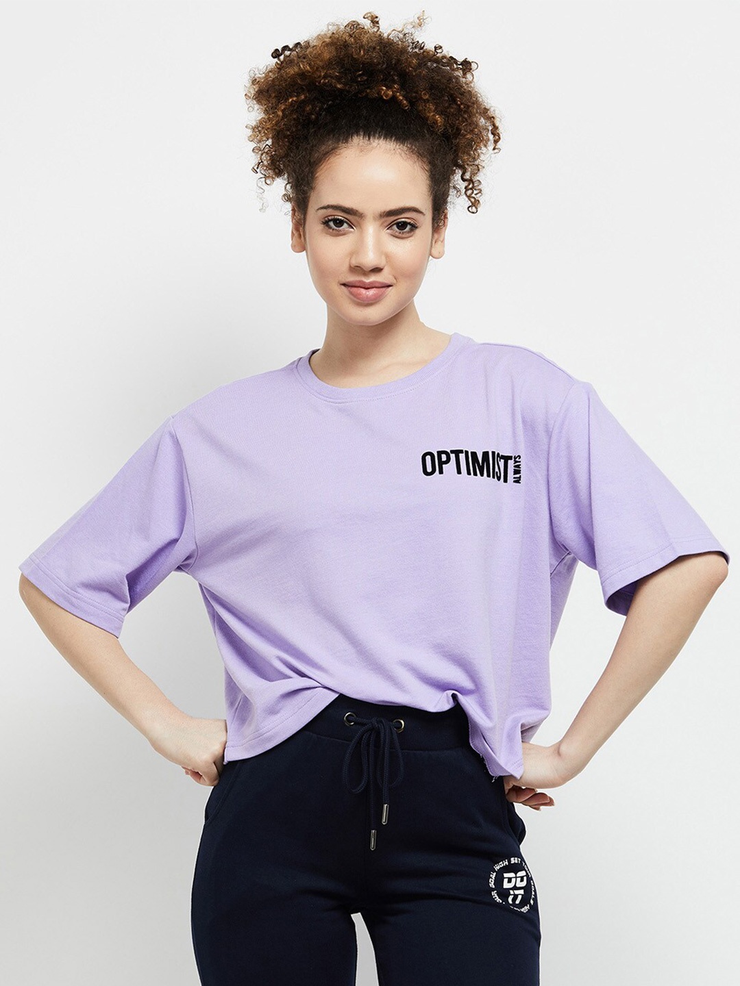 

max Women Lavender Drop-Shoulder Sleeves Loose Fit T-shirt