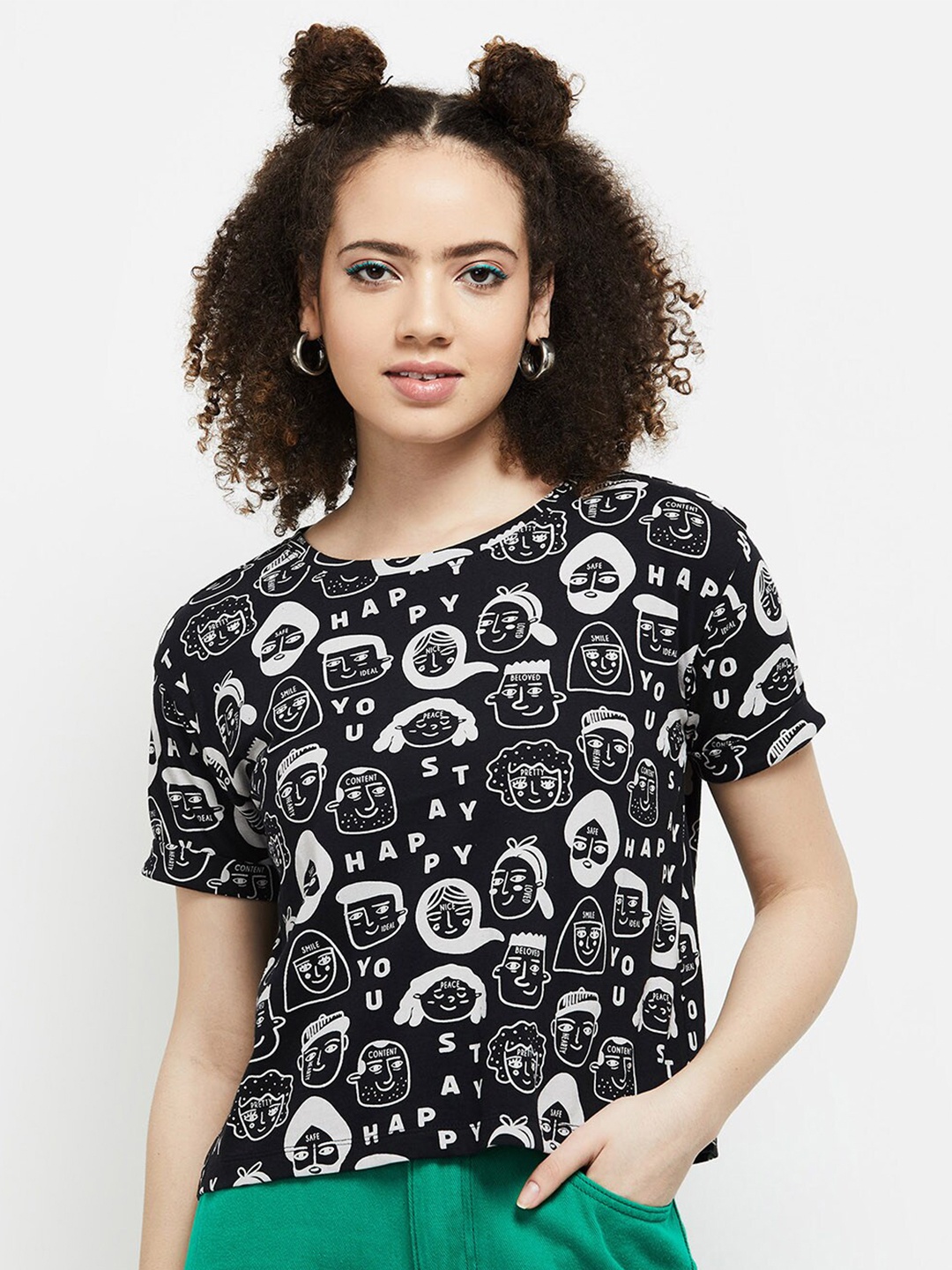 

max Women Black Typography Printed T-shirt