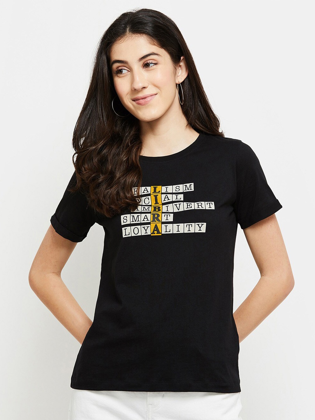 

max Women Black & Yellow Typography Printed Pure Cotton T-shirt