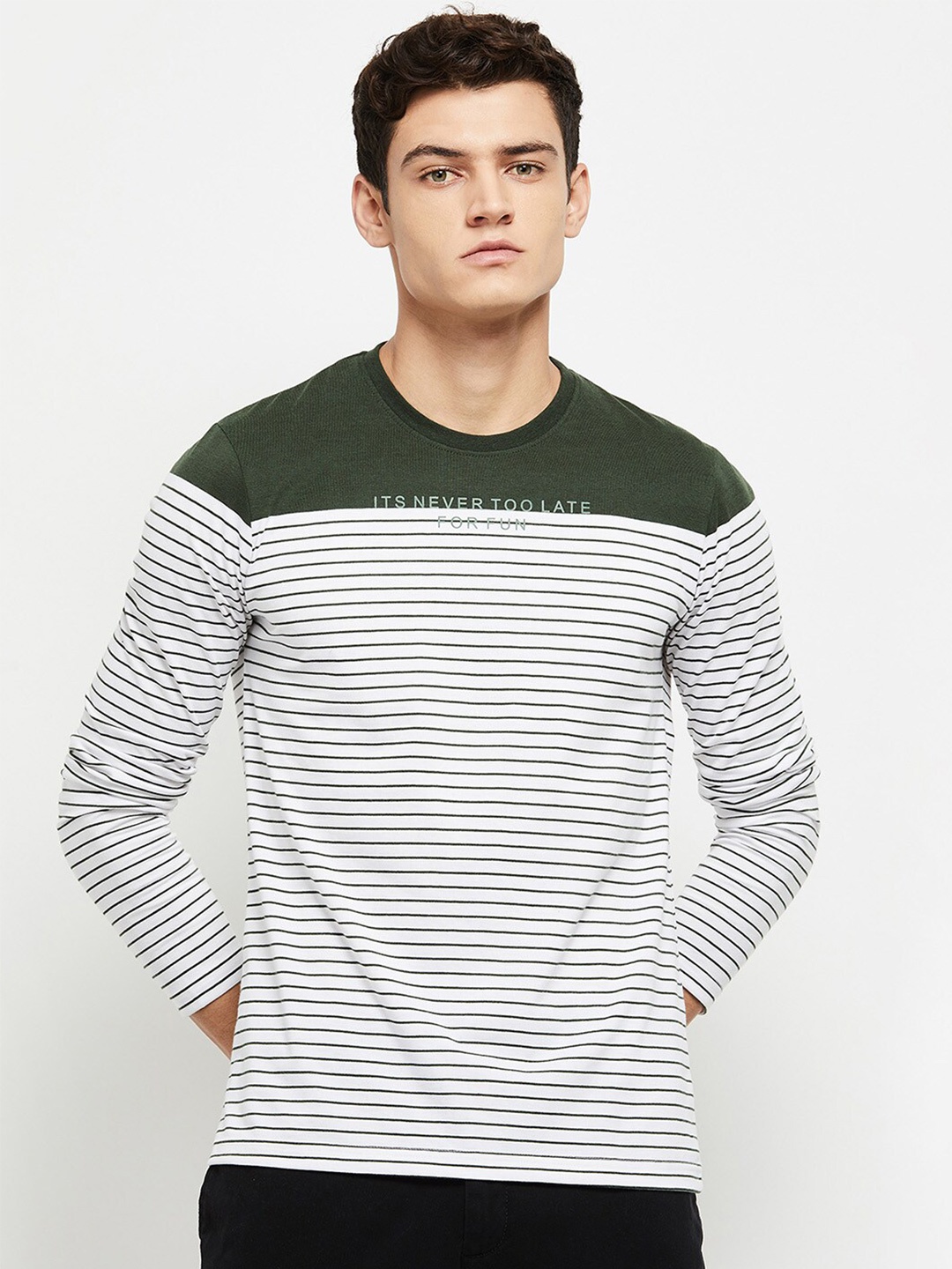 

max Men Olive Green & White Striped T-shirt