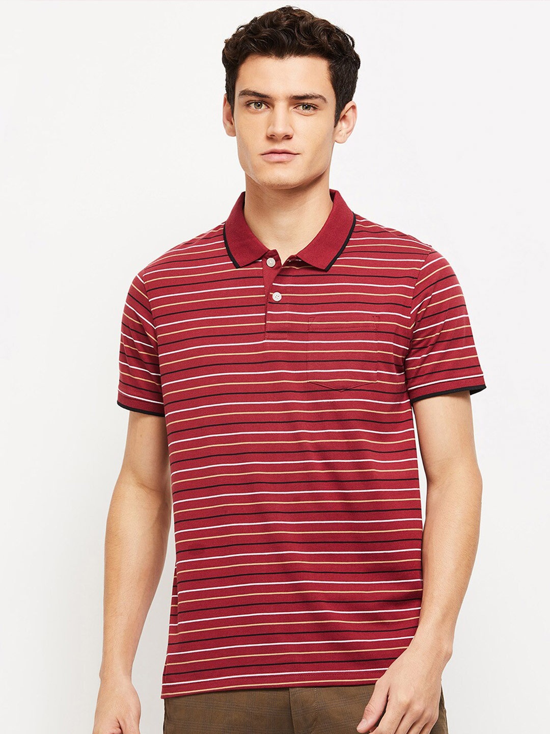 

max Men Maroon & Yellow Striped Polo Collar T-shirt