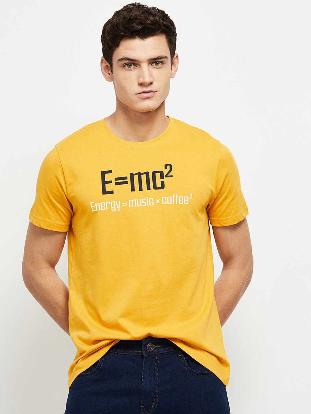 

max Men Yellow Typography Printed Applique T-shirt