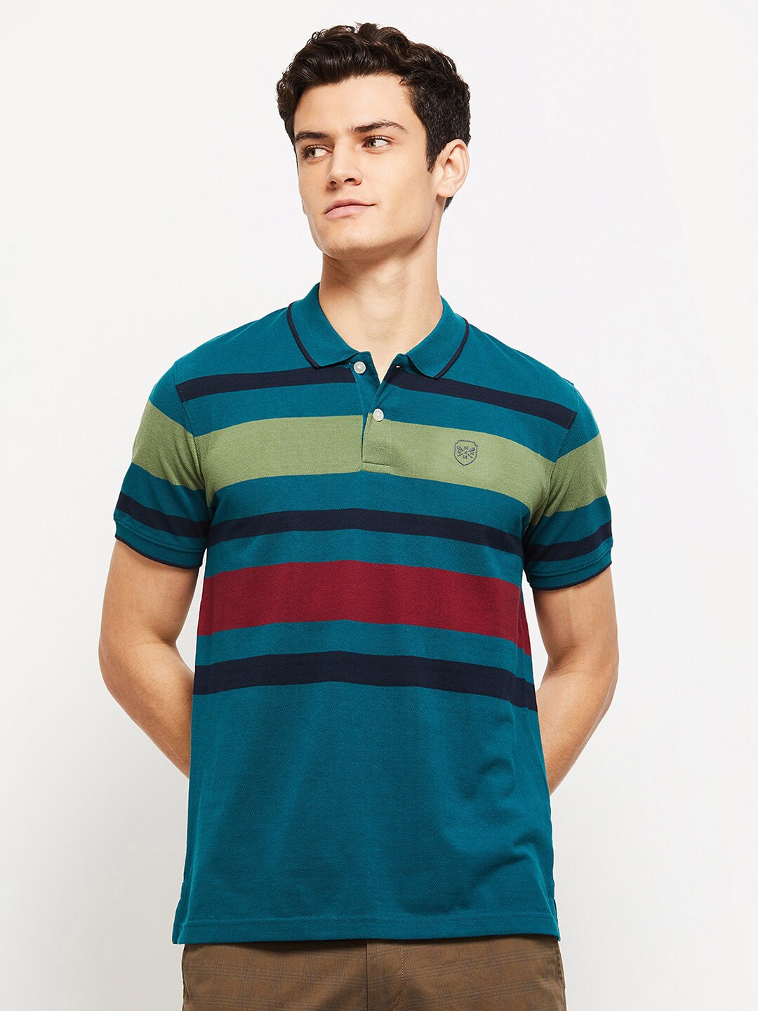 

max Men Teal Striped Polo Collar T-shirt