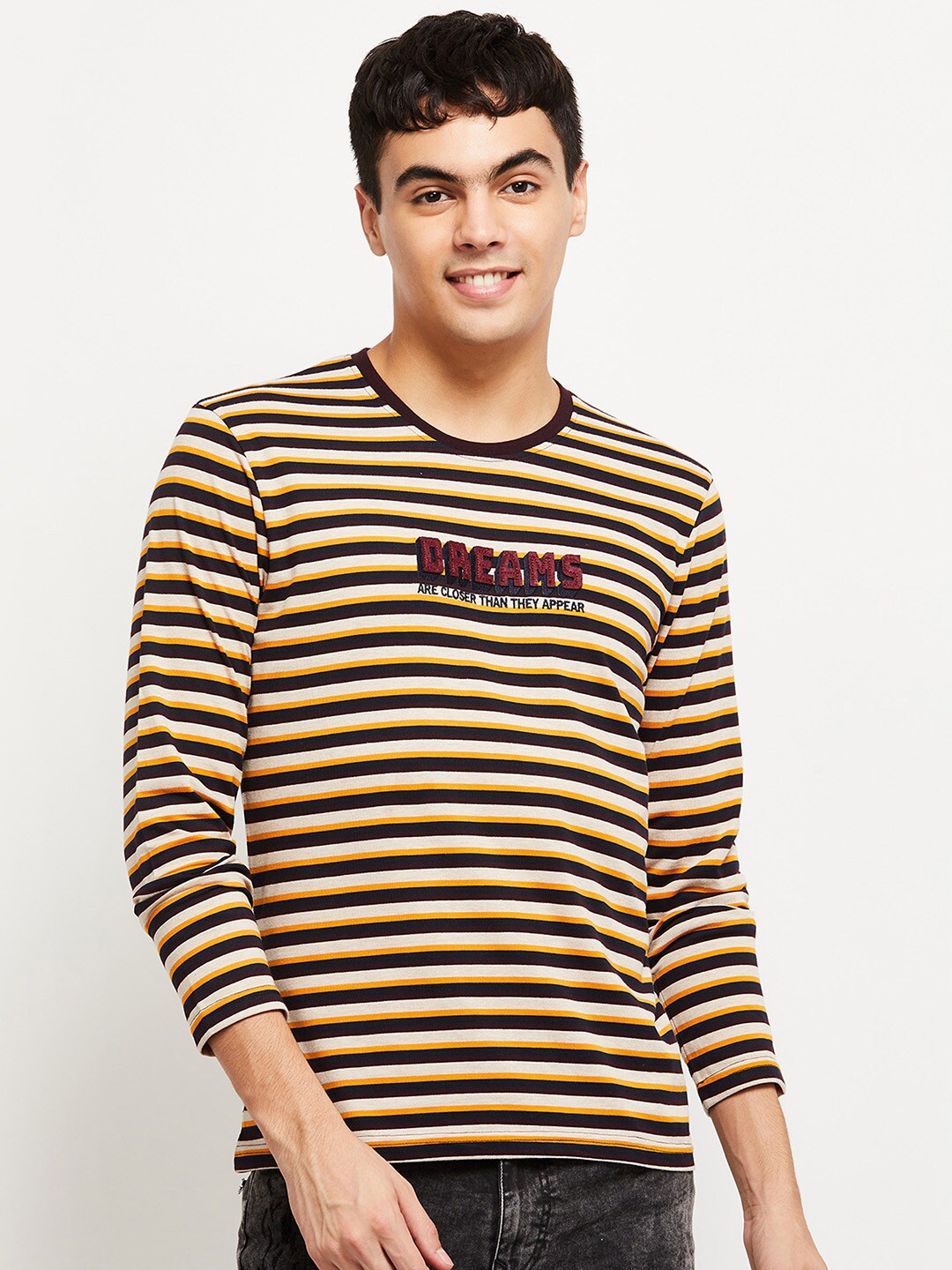 

max Men Maroon Striped Applique T-shirt