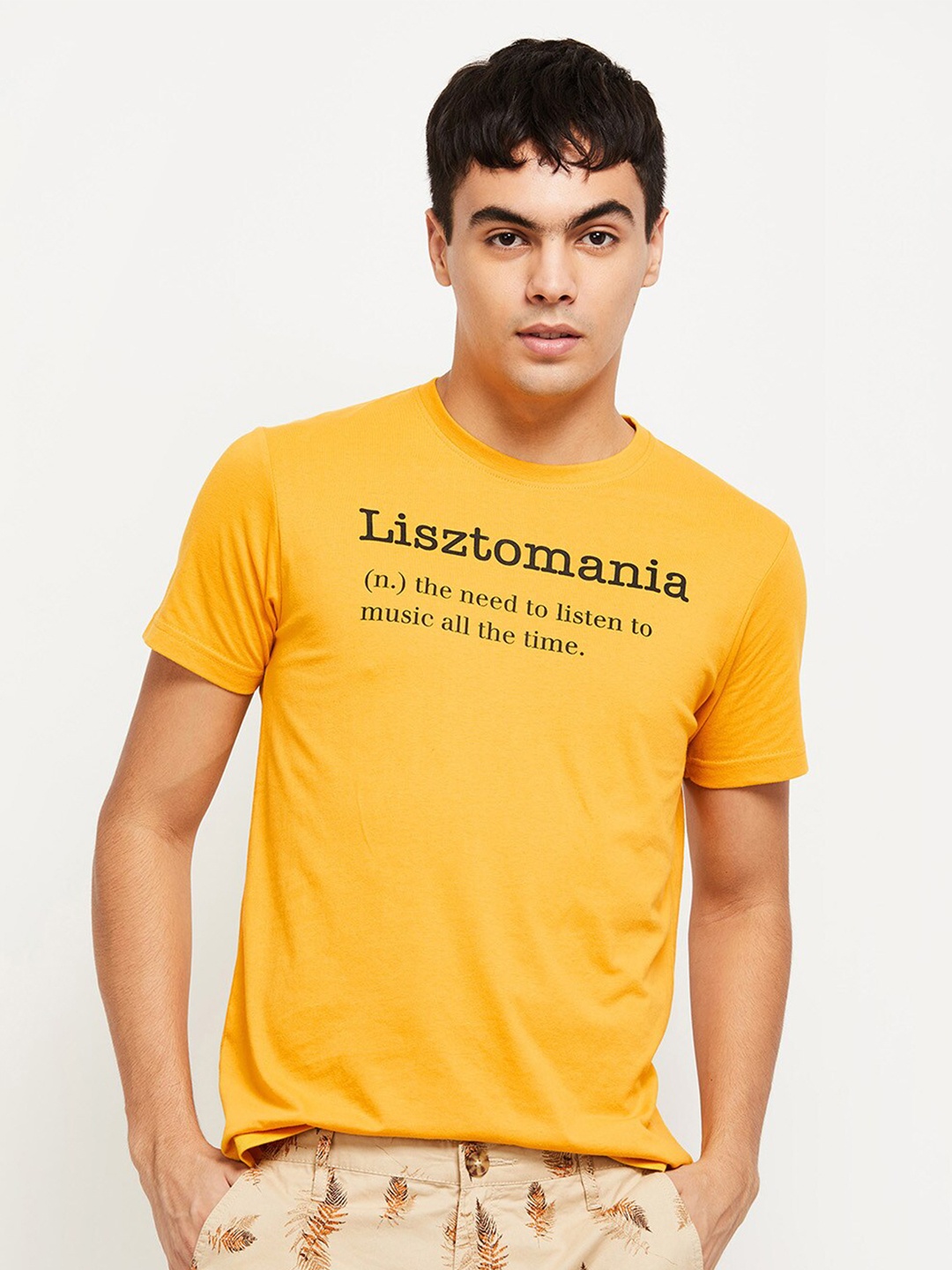 

max Men Yellow Typography Printed T-shirt
