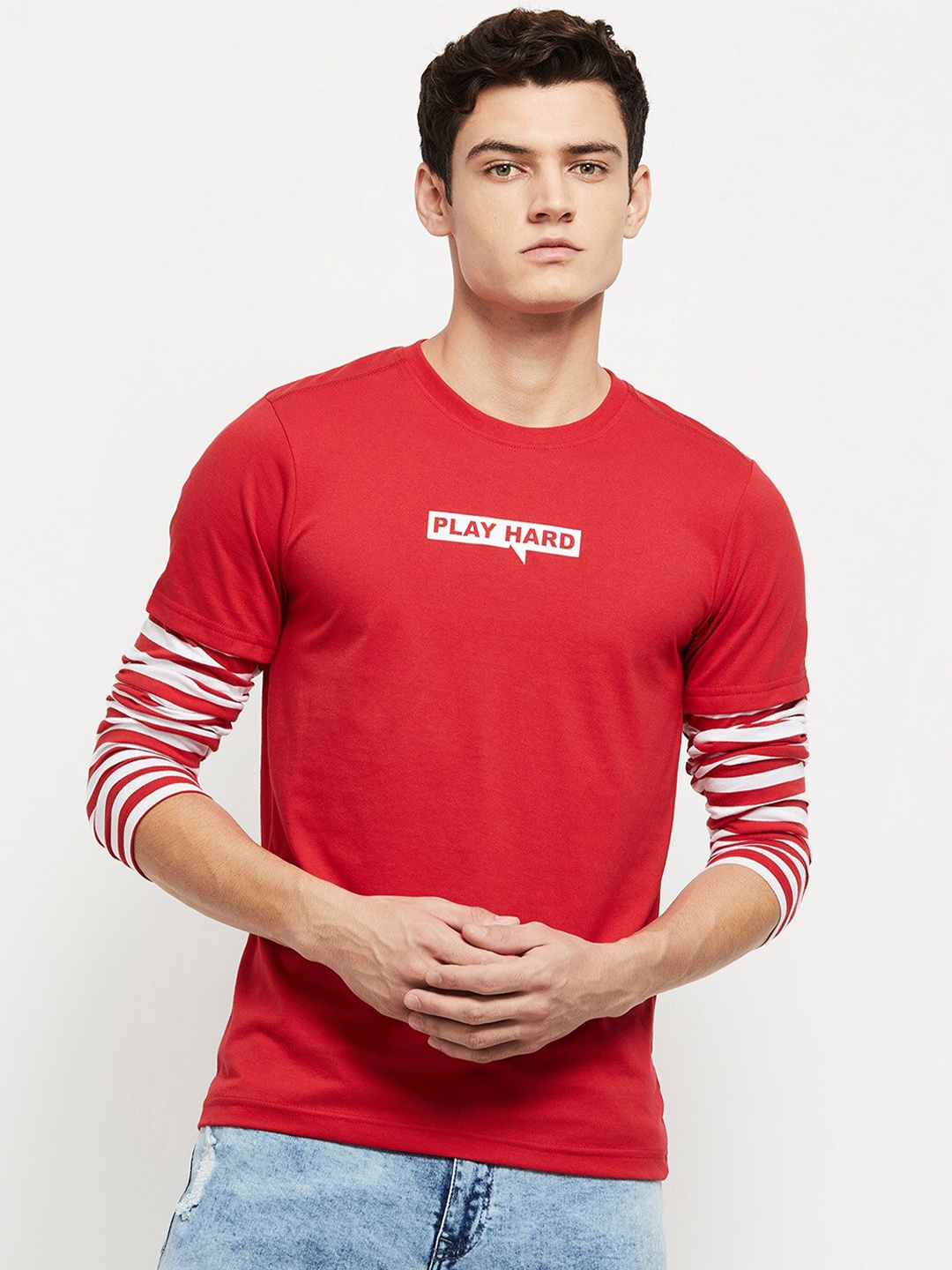 

max Men Red & White Typography Cotton Round Neck T-shirt
