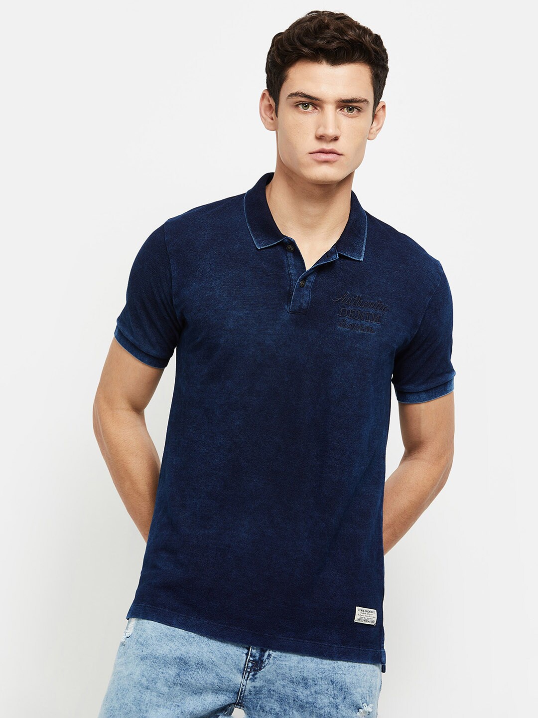 

max Men Blue Polo Collar Pure Cotton T-shirt