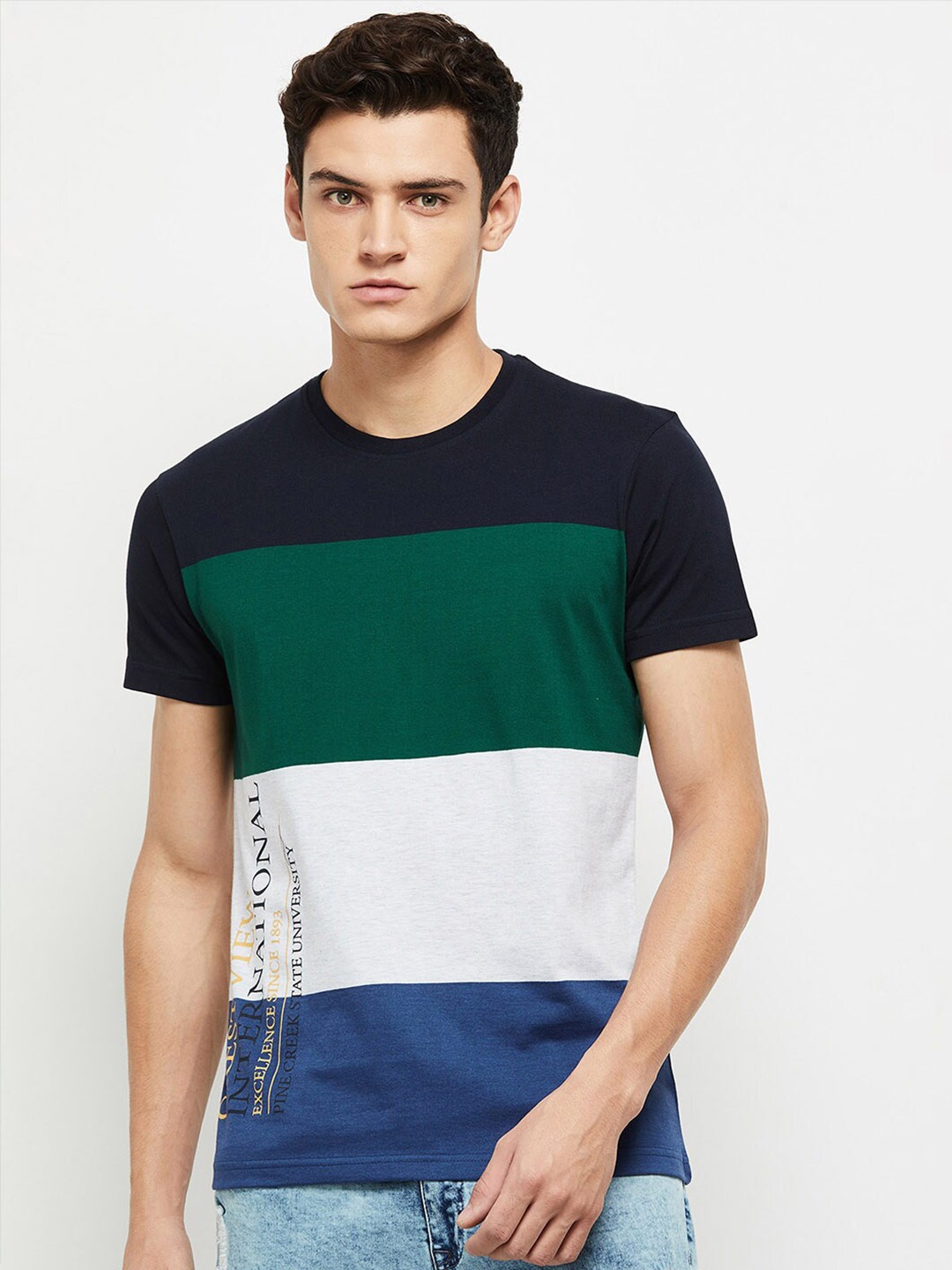 

max Men Navy Blue Typography Colourblocked T-shirt