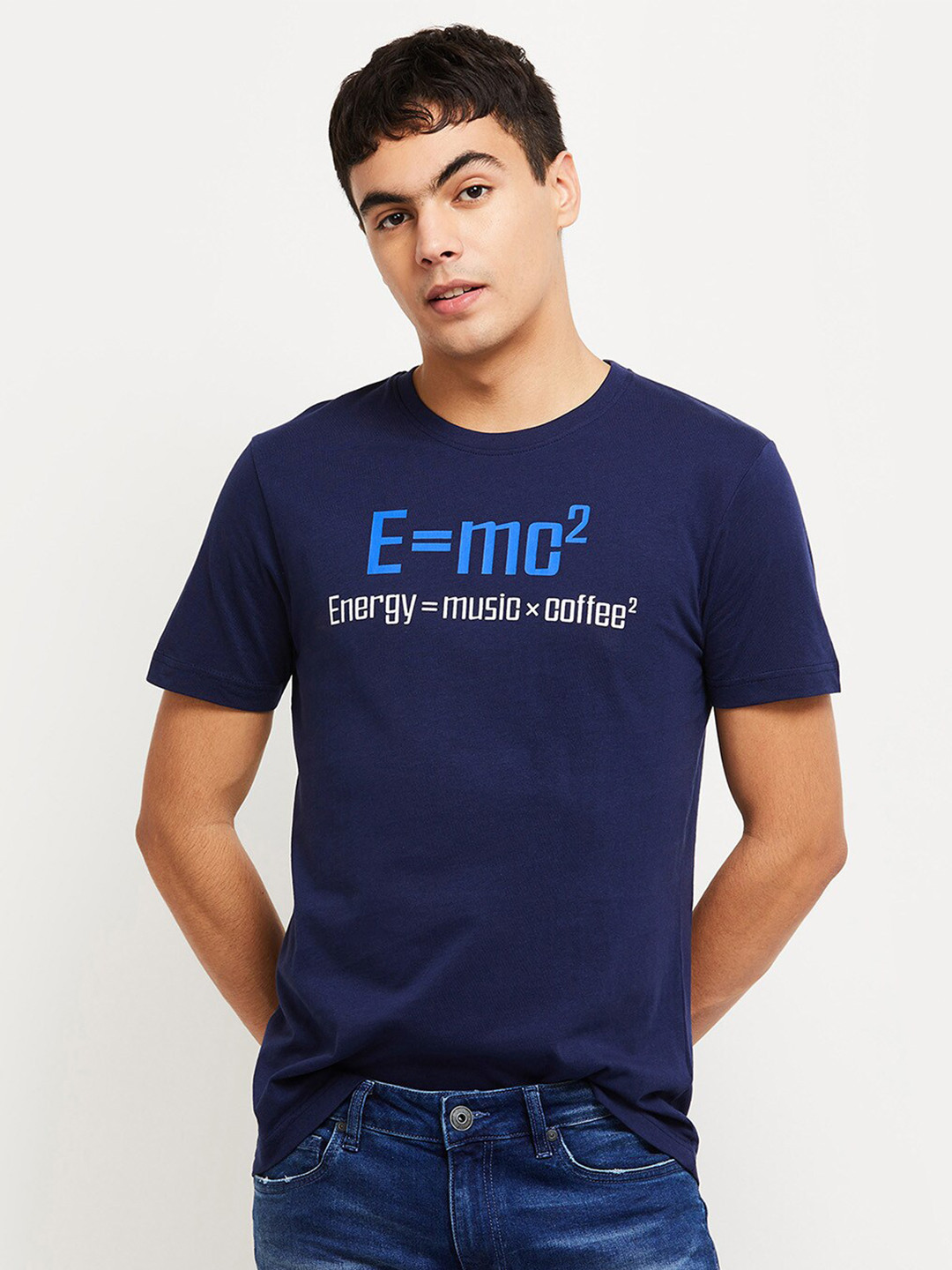 

max Men Navy Blue Typography T-shirt
