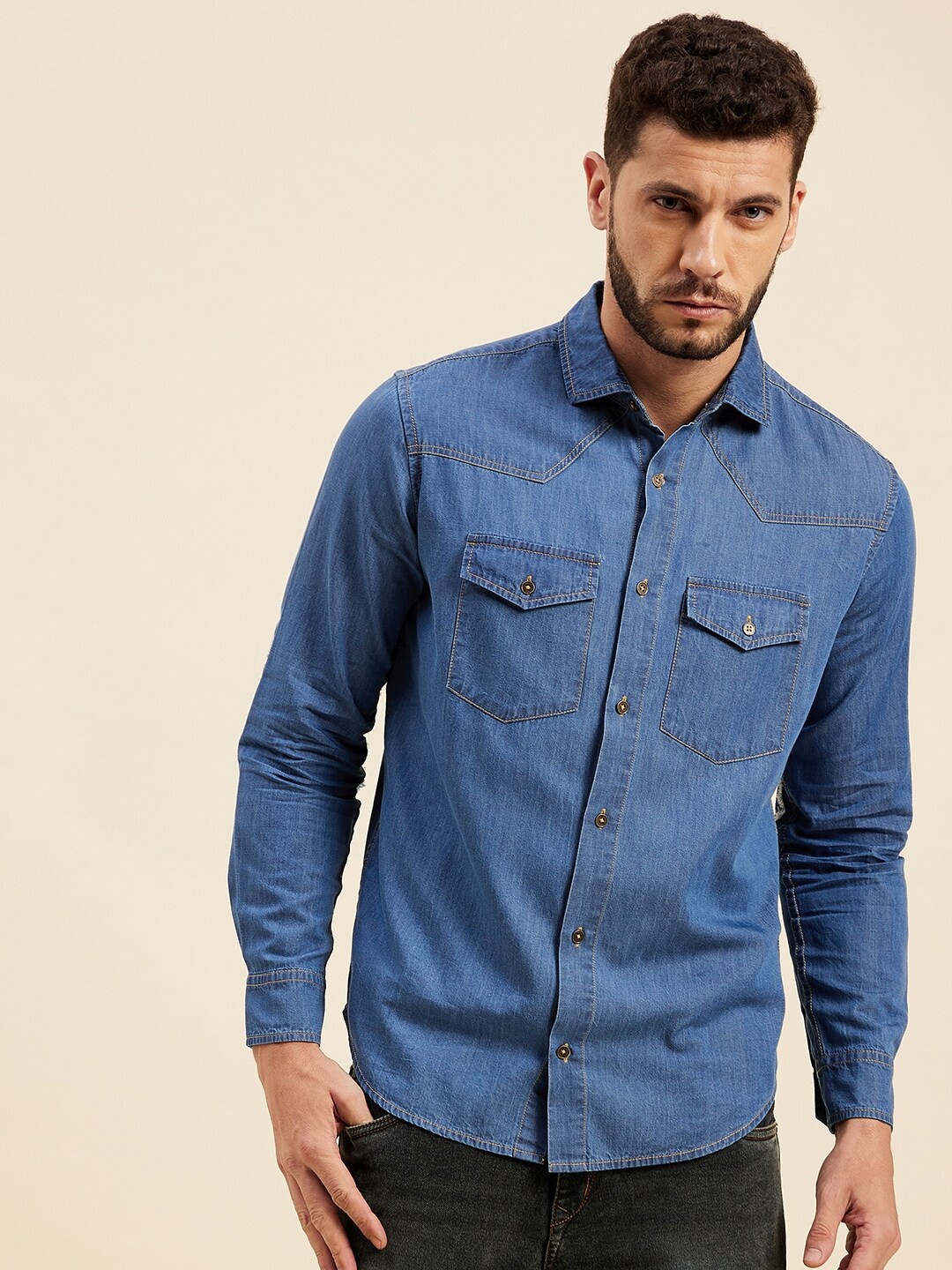 

MASCLN SASSAFRAS Men Blue Pure Cotton Casual Shirt