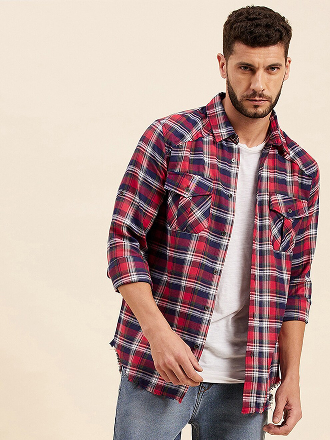 

MASCLN SASSAFRAS Men Navy Blue Tartan Checks Checked Casual Shirt