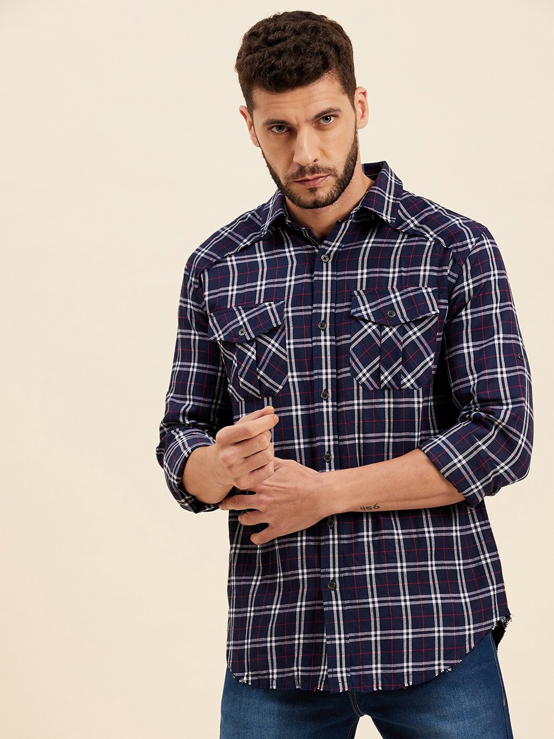 

MASCLN SASSAFRAS Men Navy Blue Tartan Checked Casual Shirt