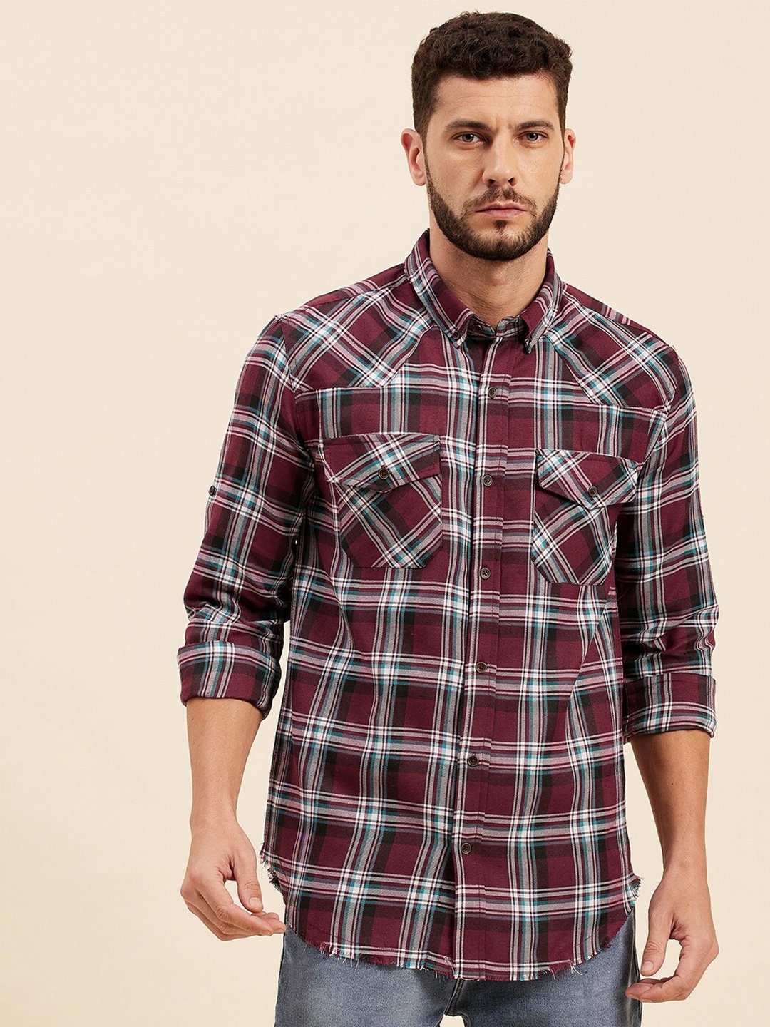 

MASCLN SASSAFRAS Men Maroon Tartan Checks Checked Casual Shirt