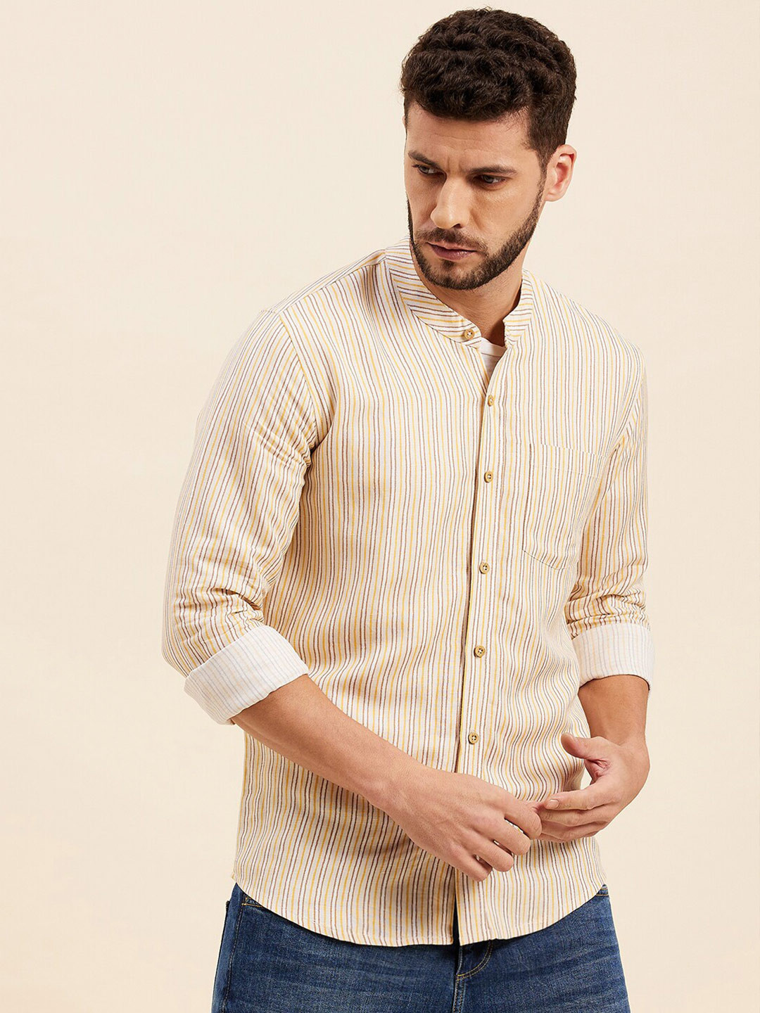 

MASCLN SASSAFRAS Men Yellow Striped Casual Shirt