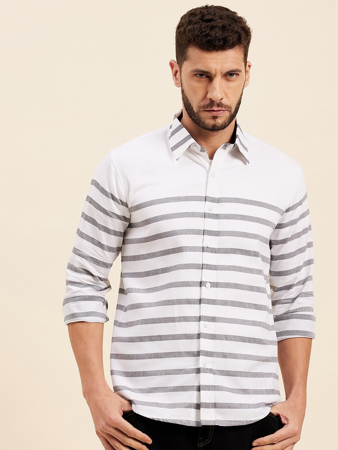

MASCLN SASSAFRAS Men White Horizontal Stripes Striped Casual Shirt