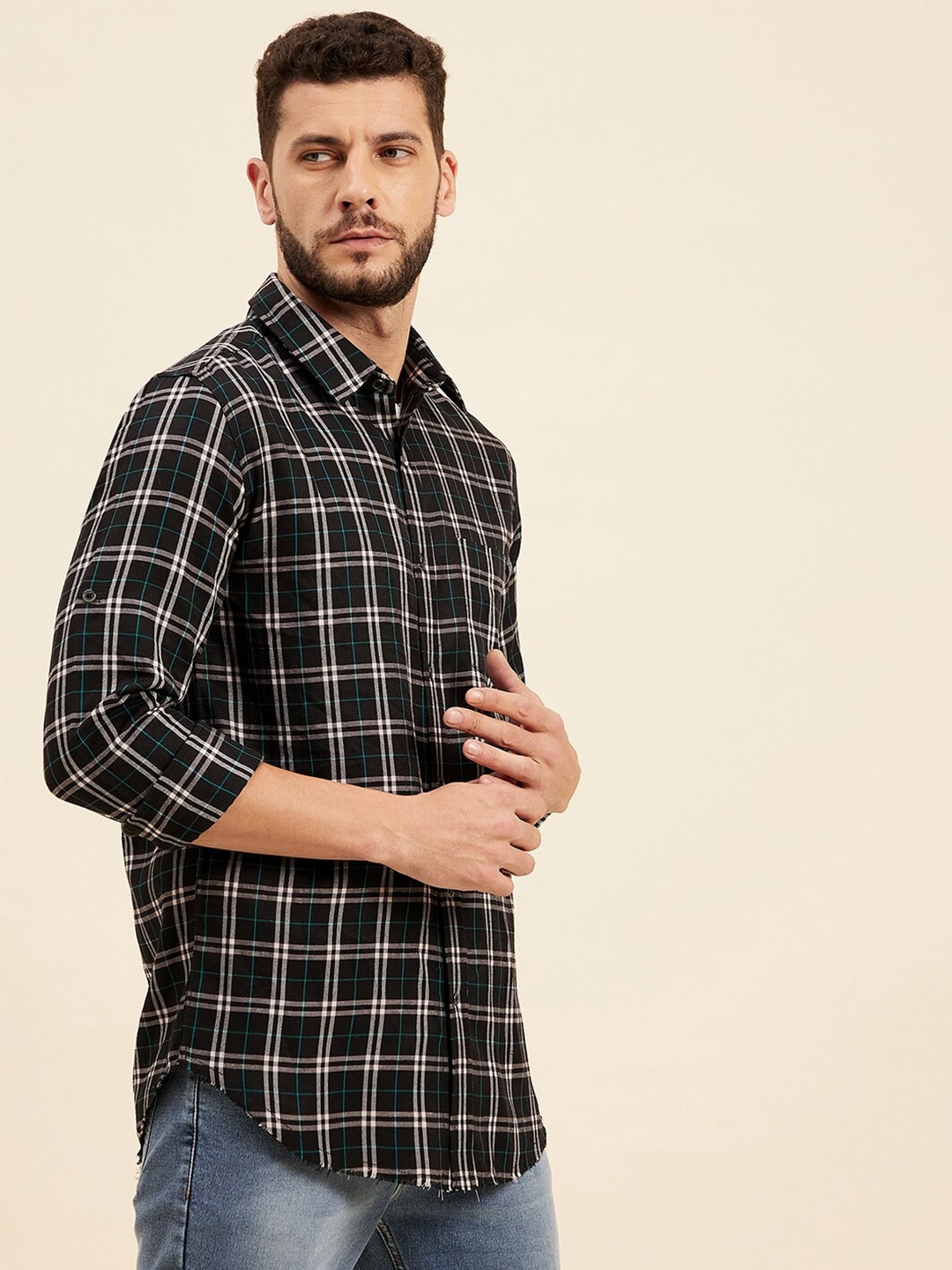 

MASCLN SASSAFRAS Men Black Tartan Checks Checked Casual Shirt