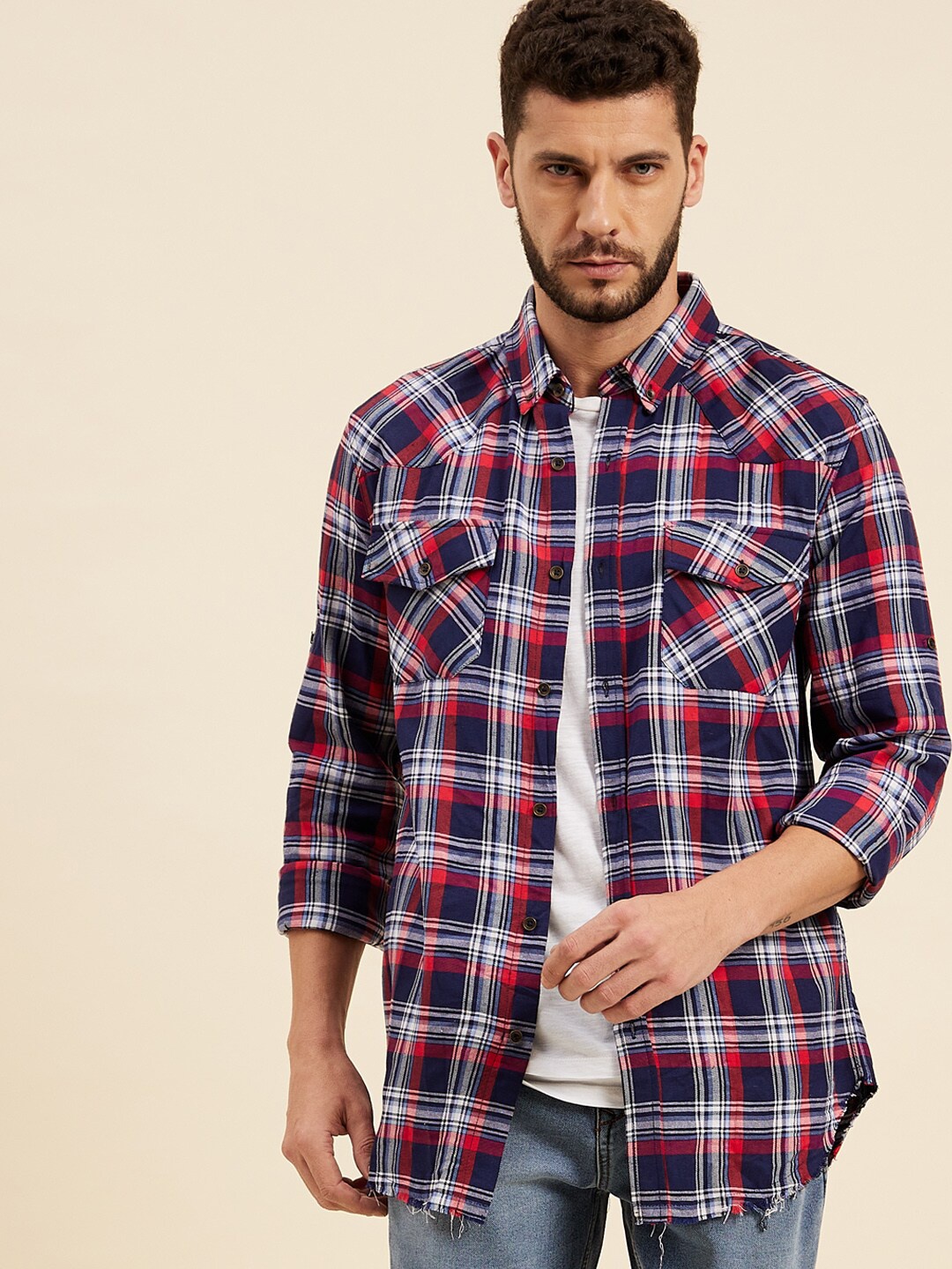 

MASCLN SASSAFRAS Men Navy Blue & Red Tartan Checks Checked Casual Shirt