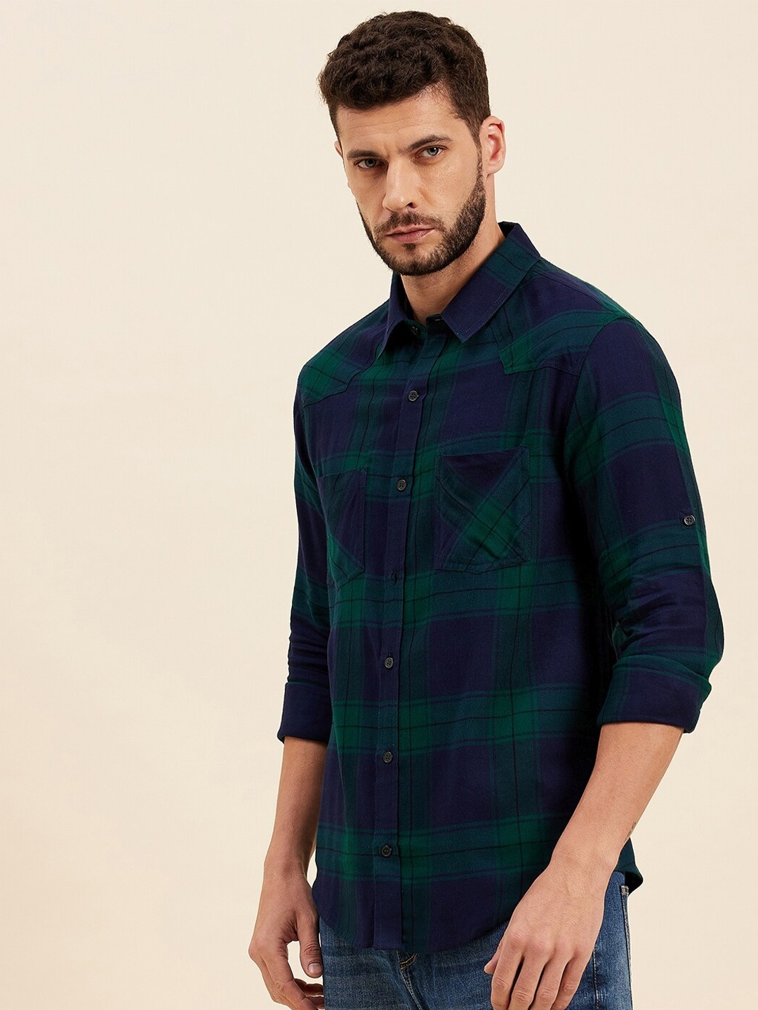 

MASCLN SASSAFRAS Men Green Tartan Checks Checked Casual Shirt