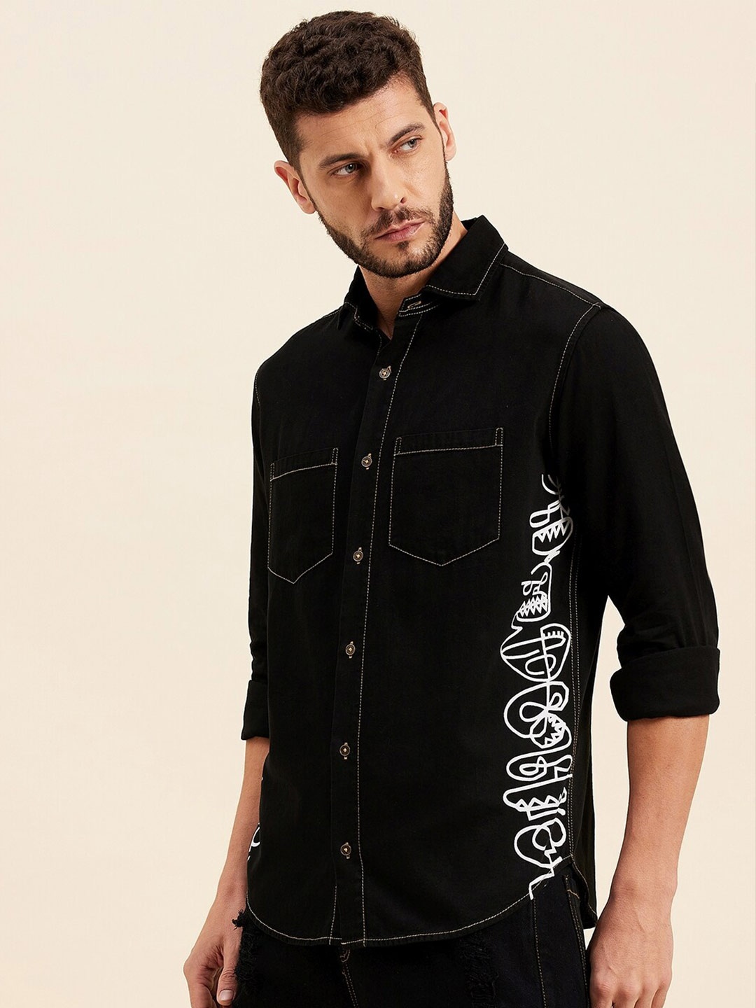 

MASCLN SASSAFRAS Men Black Casual Shirt