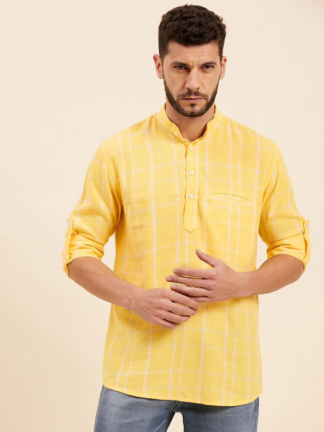 

MASCLN SASSAFRAS Men Yellow Windowpane Checks Checked Casual Shirt