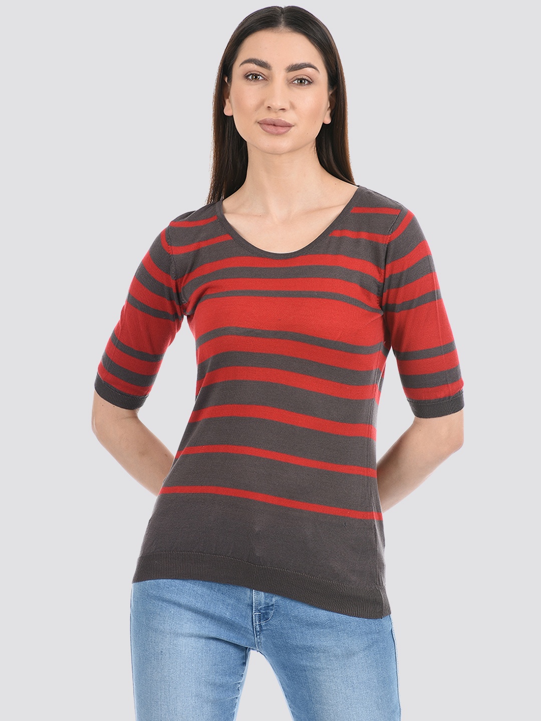 

PORTOBELLO Women Red & Grey Striped T-shirt