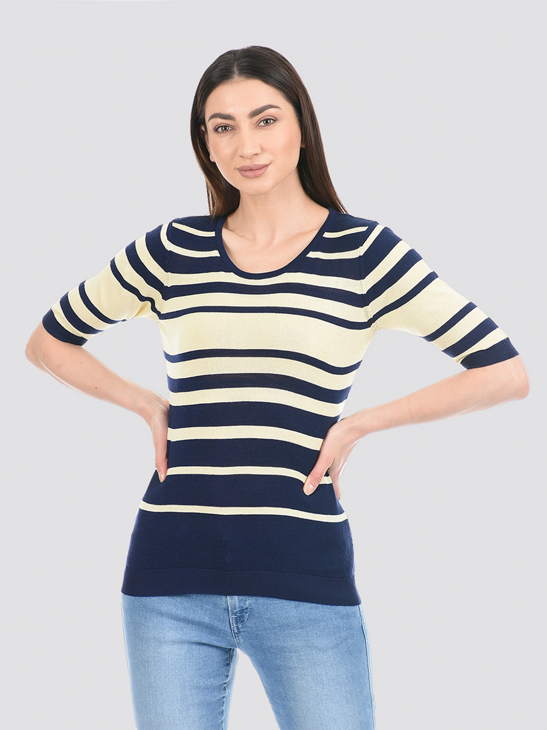 

PORTOBELLO Women Yellow & Navy Blue Striped T-shirt