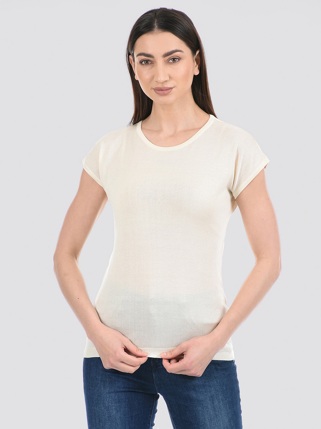 

PORTOBELLO Women Cream-Coloured Solid Extended Sleeves T-shirt