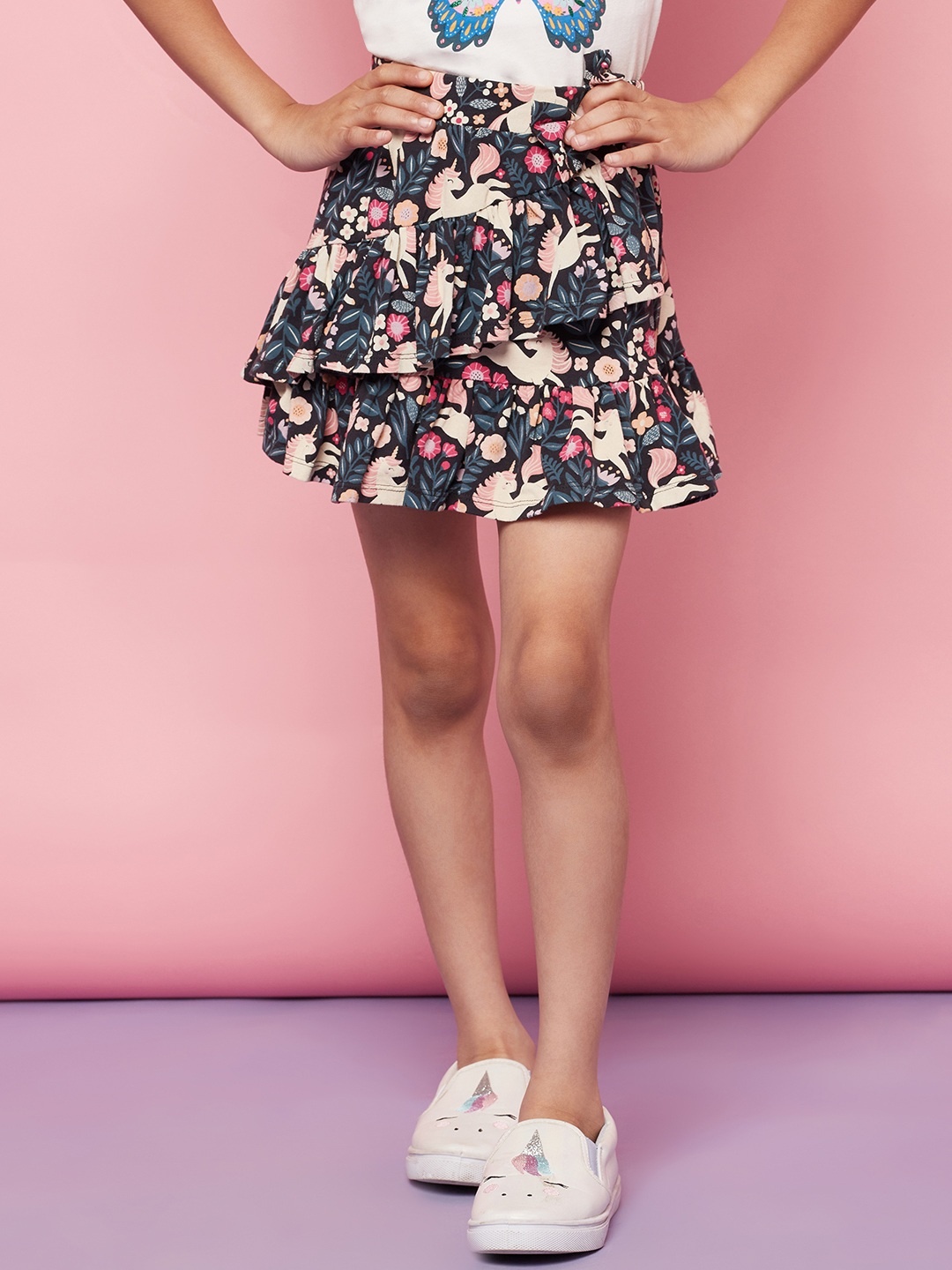 

SPUNKIES Girls Navy Blue Printed Mini-Length Tiered Skirt